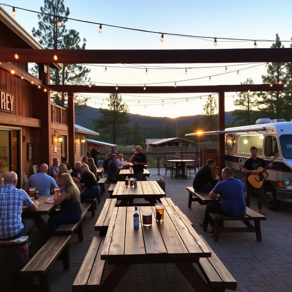 Brewery patio with string lights, food truck, and guests enjoying beer